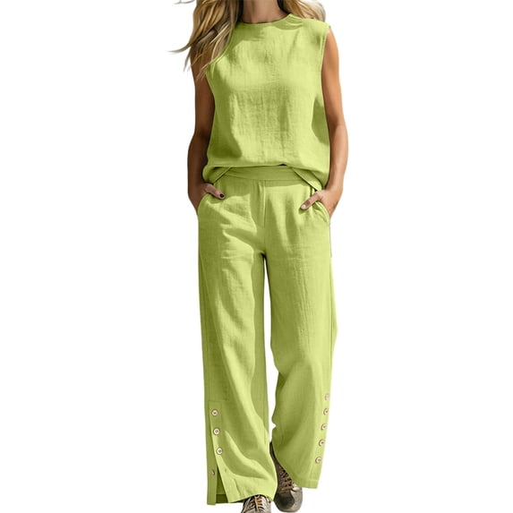 Womens Summer 2 Piece Outfits Cotton Fashionable Solid Color Sleeveless Top and Button Down Pants Lounge Set