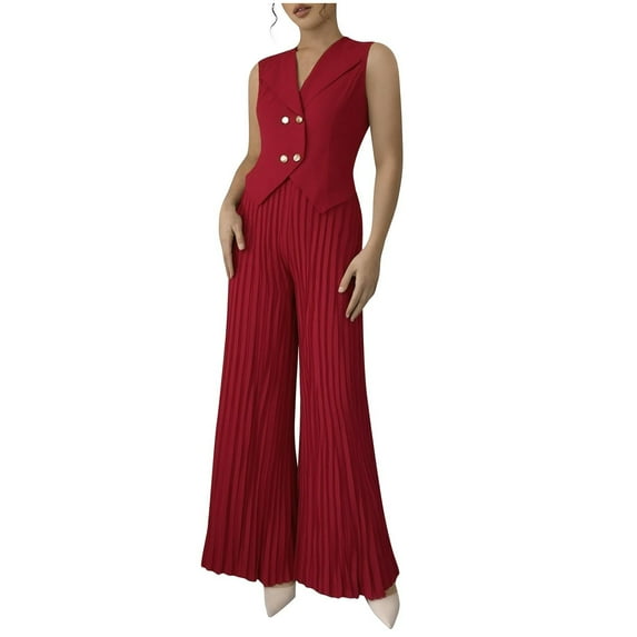 Womens Summer 2 Piece Outfits Dressy Sleeveless Blazer Vest Matching Pleated Wide Leg Pants Business Suit Sets