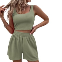 Womens Summer 2 Piece Outfits Knitted Sets Sleeveless Square Neck Crop Top Tank High Waisted Shorts Waffle 2 Piece Lounge Set