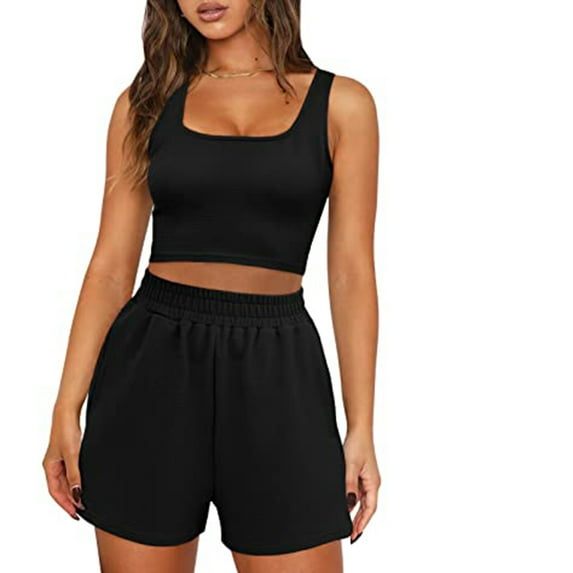 Womens Summer 2 Piece Outfits Knitted Sets Sleeveless Square Neck Crop Top Tank High Waisted Shorts Waffle 2 Piece Lounge Set
