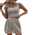 thumbnail image 1 of Womens Summer 2 Piece Outfits Knitted Sets Sleeveless Square Neck Crop Top Tank High Waisted Shorts Waffle 2 Piece Lounge Set, 1 of 6