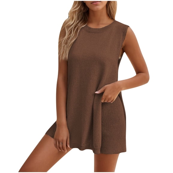 Womens Summer 2 Piece Outfits Knitted Sweater Shorts Set Casual Sleeveless Slit Tunic Tank Tops Matching Lounge Sets