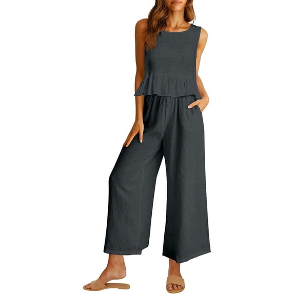Womens Summer 2 Piece Outfits Linen Crop Tank Tops Lounge Matching Sets & Long Track Pants Tracksuits 2024