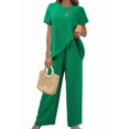 thumbnail image 1 of Womens Summer 2 Piece Outfits Short Sleeve Casual Round Neck Wide Leg Long Pants Suit Set Green L, 1 of 6