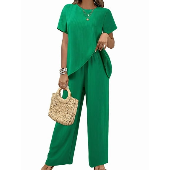 Womens Summer 2 Piece Outfits Short Sleeve Casual Round Neck Wide Leg Long Pants Suit Set Green M