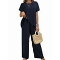 thumbnail image 1 of Womens Summer 2 Piece Outfits Short Sleeve Casual Round Neck Wide Leg Long Pants Suit Set Navy M, 1 of 5