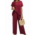 thumbnail image 1 of Womens Summer 2 Piece Outfits Short Sleeve Casual Round Neck Wide Leg Long Pants Suit Set Wine Red M, 1 of 5
