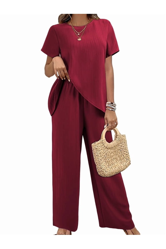Womens Summer 2 Piece Outfits Short Sleeve Casual Round Neck Wide Leg Long Pants Suit Set Wine Red M