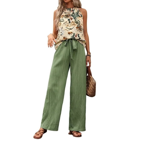 Womens Summer 2 Piece Outfits Sleeveless Crop Top Flowy Wide Leg Pants Matching Sets Vacation Outfits Bean Green L