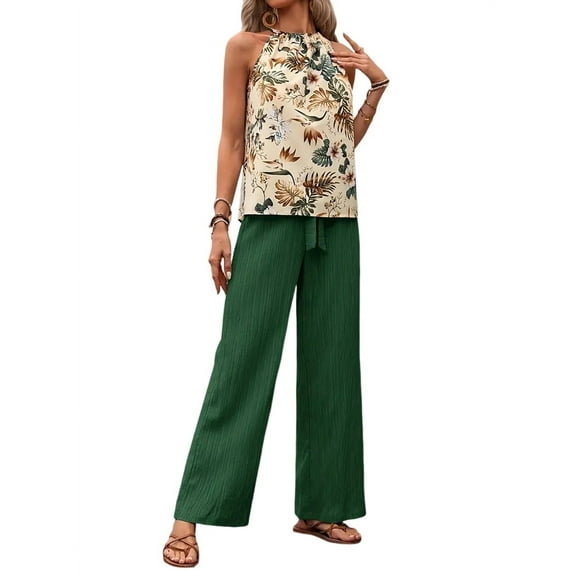 Womens Summer 2 Piece Outfits Sleeveless Crop Top Flowy Wide Leg Pants Matching Sets Vacation Outfits Green M