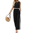 thumbnail image 1 of Womens Summer 2 Piece Outfits Sleeveless Cropped Tank Button Back Top Wide Leg Pants Linen Set Black XL, 1 of 9