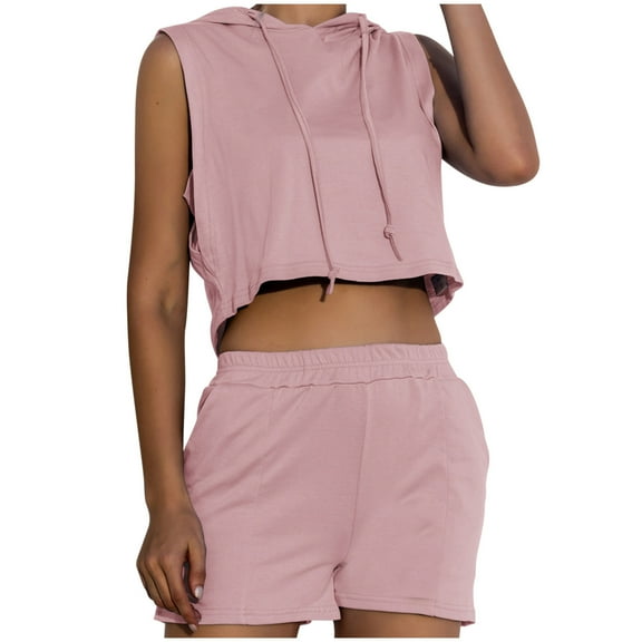 Womens Summer 2 Piece Outfits Sleeveless Hoodies Drawstring Crop tops High Waist Shorts Sets Tracksuits with Pockets