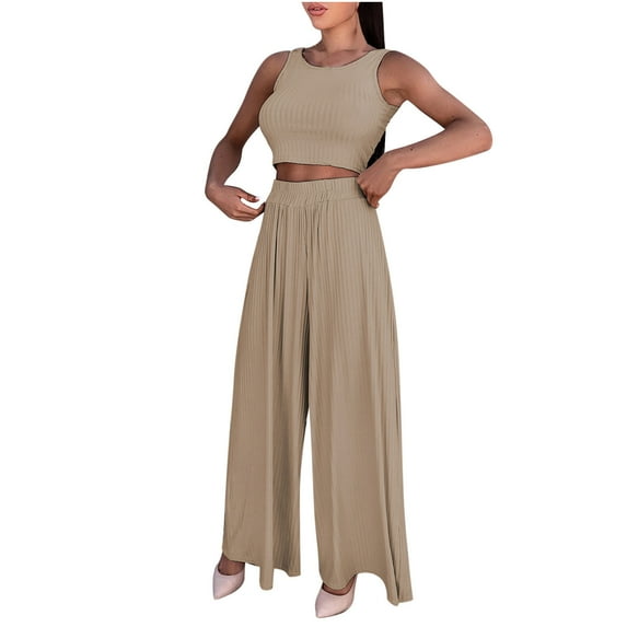 Womens Summer 2 Piece Outfits Sleeveless Slim Crop Tank Top and Casual Loose Baggy Flowy Wide Leg Palazzo Long Pants