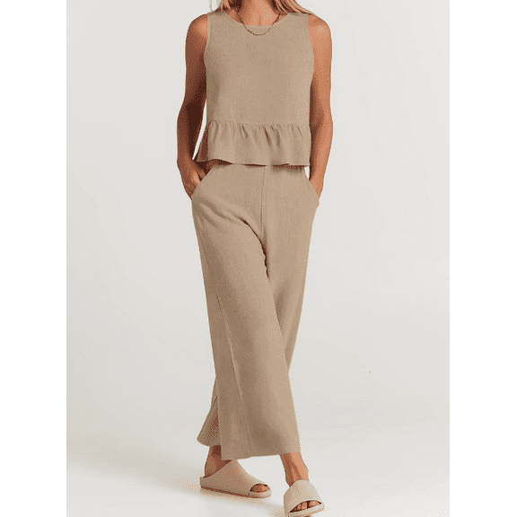 Womens Summer 2 Piece Outfits Sleeveless Tank Crop Top Wide Leg Pants with Pockets Linen Lounge Matching Beach Sets