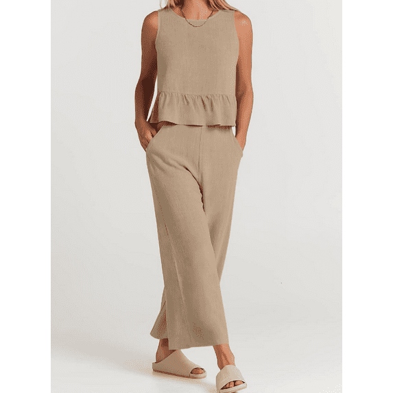 Womens Summer 2 Piece Outfits Sleeveless Tank Crop Top Wide Leg Pants with Pockets Linen Lounge Matching Beach Sets