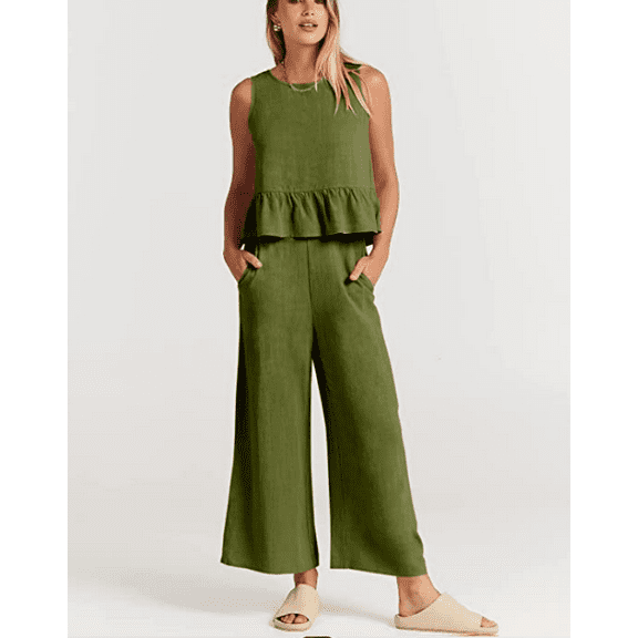 Womens Summer 2 Piece Outfits Sleeveless Tank Crop Top Wide Leg Pants with Pockets Linen Lounge Matching Beach Sets