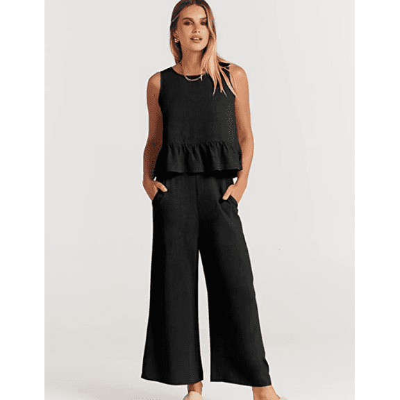 Womens Summer 2 Piece Outfits Sleeveless Tank Crop Top Wide Leg Pants with Pockets Linen Lounge Matching Beach Sets