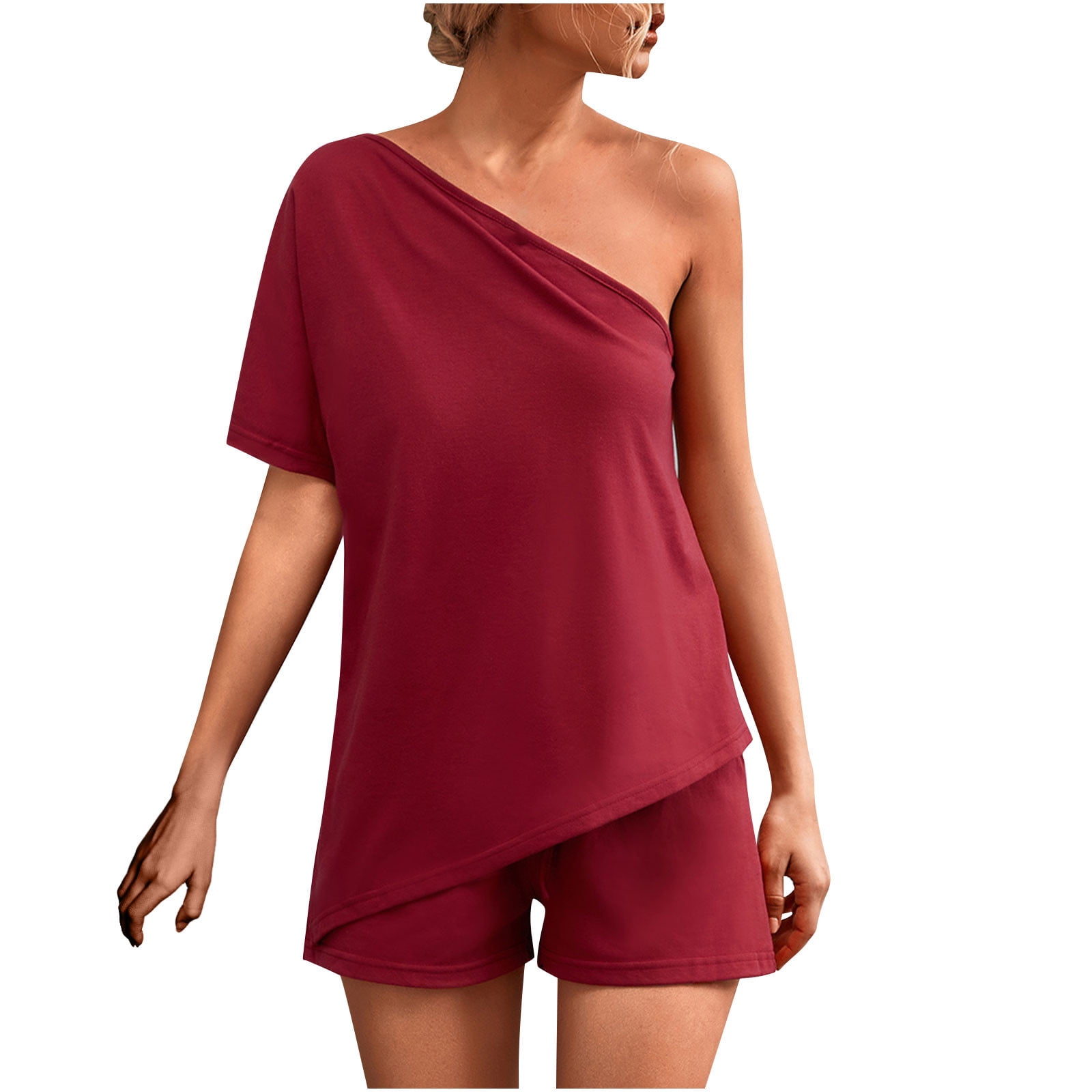 Womens Summer 2 Piece Outfits Solid Color One Shoulder Short Sleeve ...