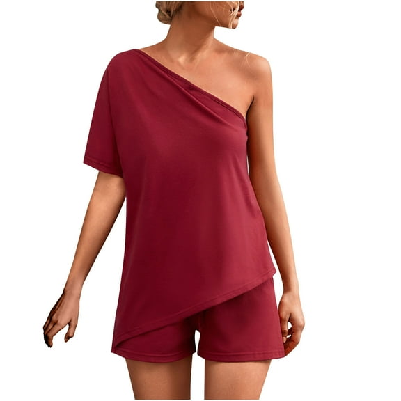 Womens Summer 2 Piece Outfits Solid Color One Shoulder Short Sleeve Tops with Shorts Sets Loungewear Homewear