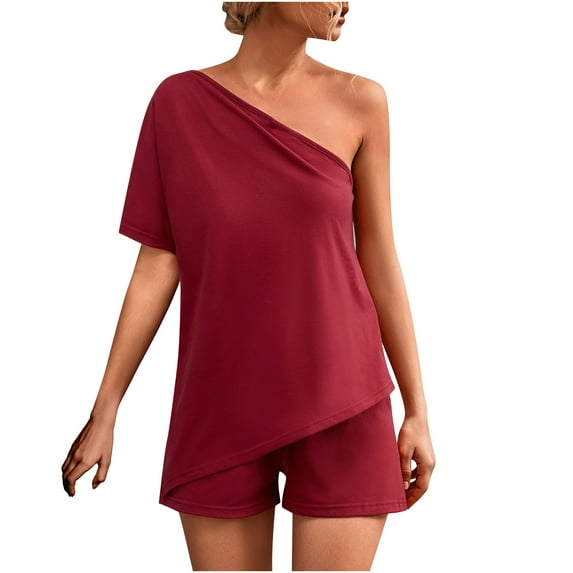 Womens Summer 2 Piece Outfits Solid Color One Shoulder Short Sleeve Tops with Shorts Sets Loungewear Homewear