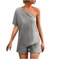 thumbnail image 1 of Womens Summer 2 Piece Outfits Solid Color One Shoulder Short Sleeve Tops with Shorts Sets Loungewear Homewear, 1 of 7