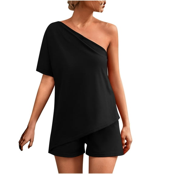 Womens Summer 2 Piece Outfits Solid Color One Shoulder Short Sleeve Tops with Shorts Sets Loungewear Homewear