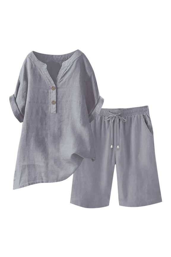 Womens Summer 2 Piece Outfitsv Button V Neck Top Bermuda Shorts Sets Faux Linen Beach Vacation Outfits