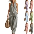 thumbnail image 1 of Womens Summer 2 Piece Set Halter Neck Sleeveless Top Pant Sets Casual Linen Striped Lounge Outfits with Pockets, 1 of 7