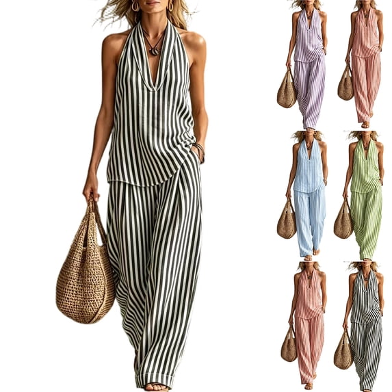 Womens Summer 2 Piece Set Halter Neck Sleeveless Top Pant Sets Casual Linen Striped Lounge Outfits with Pockets