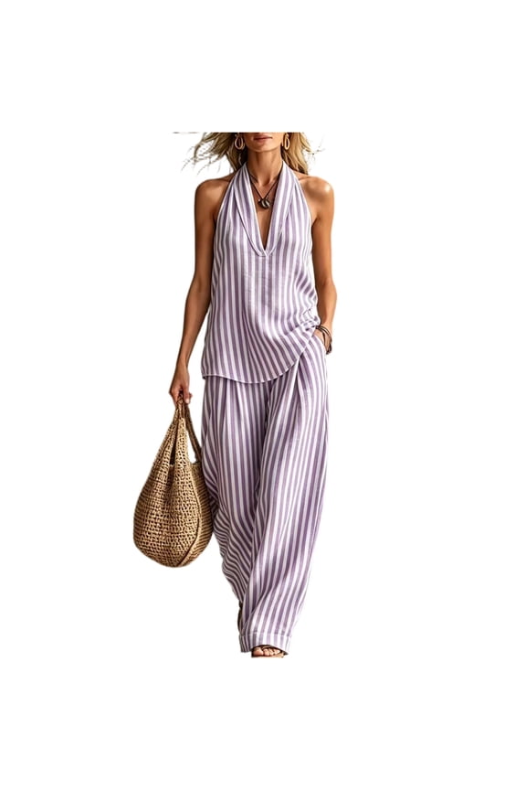 Womens Summer 2 Piece Set Halter Neck Sleeveless Top & Striped Pant Sets Casual Cotton Sets with Pockets XL