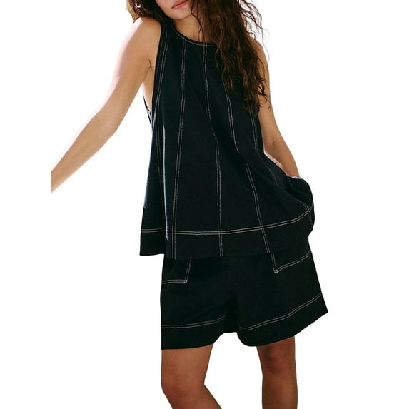 Womens Summer 2 Piece Sets Beach Vacation Outfits High Neck Tank Top and Shorts Set Black XL