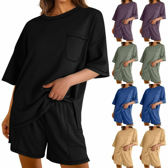 Womens Summer 2 Piece Sets Plus Size Fashion Casual Solid Color Home Short Sleeved Round Neck Pajama Top With Pants Set