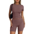 thumbnail image 1 of Womens Summer 2 Piece Sets Plus Size Fashion Casual Solid Color Short Sleevele Round-Neck Blouses Tops Shorts Elastic Waist Sets, 1 of 1