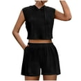 thumbnail image 1 of Womens Summer 2 Piece Sets Plus Size Fashion Hooded Sleeveless Patchwork Lace Up Pocket Casual Shorts Set, 1 of 1