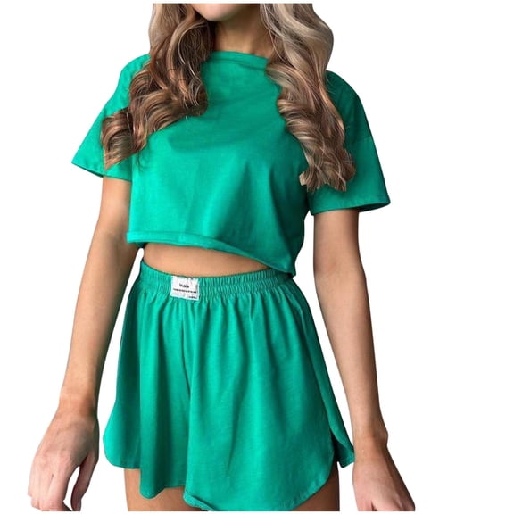 Womens Summer 2 Piece Sets Plus Size Fashion Round Neck T-shirt Top Shorts Solid Color Two Piece Set Shirt Suit
