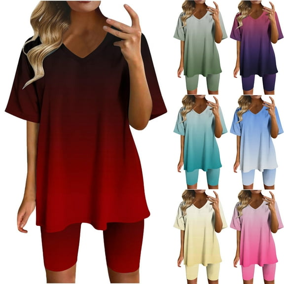 Womens Summer 2 Piece Sets Plus Size Fashion V-Neck Blouse Short Sleeve Tops Shorts Casual Suit Sets