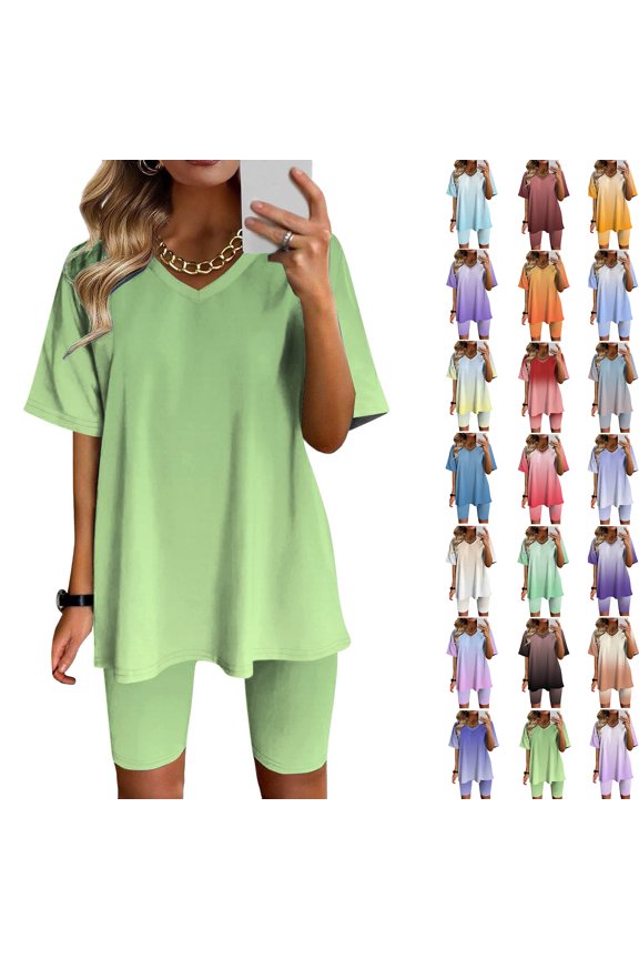 Womens Summer 2 Piece Sets Plus Size Fashion V-Neck Blouse Short Sleeve Tops Shorts Casual Suit Sets