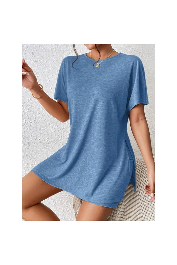 Womens Summer 2 Piece Sets Short Sleeve Side Split Blouse Matching Slim Shorts Loungewear Casual Workout Outfits