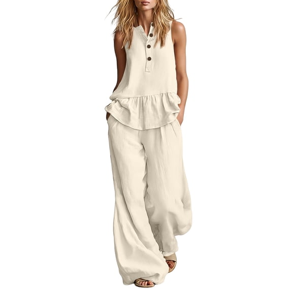 Womens Summer 2 Piece Sets V Neck Button Ruffled Hem Tank Tops Wide Leg Pants Casual Loose Flowy Outfits (M, Beige)
