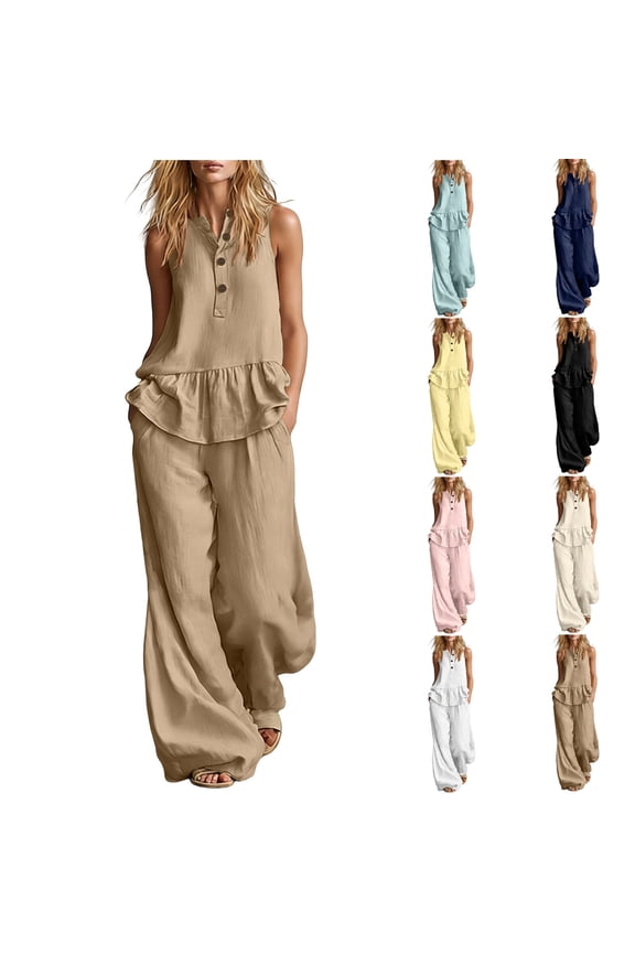 Womens Summer 2 Piece Sets V Neck Button Ruffled Hem Tank Tops Wide Leg Pants Casual Loose Flowy Outfits (XL, Khaki)