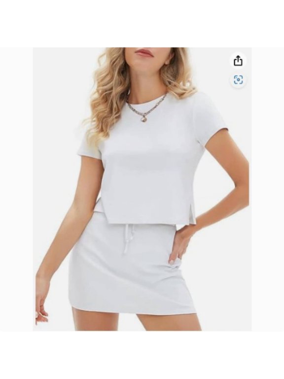 Womens Summer 2 Piece Short Skirt Sets Short Sleeve Tshirt Matching Tennis Skort Airport Travel Vacation Outfit