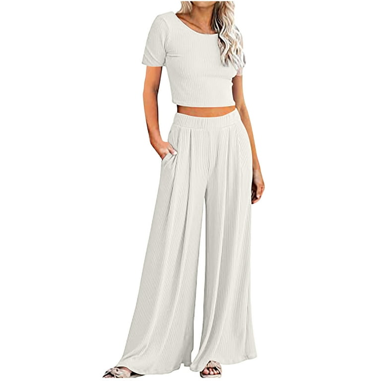 Womens Summer 2023 Two Piece Casual Outfits Ribbed Knit Short Sleeve Crop  Tops Wide Leg Palazzo Pants with Pockets