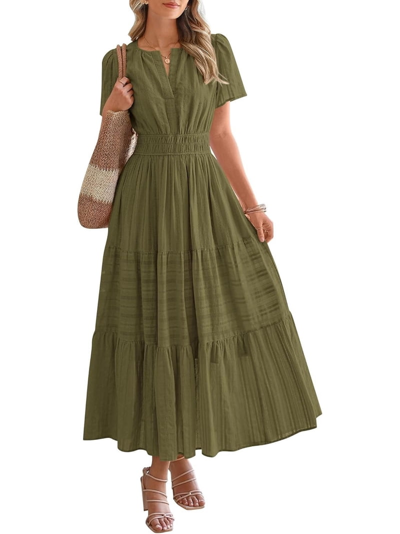 Women's Summer Boho Midi Maxi Dress - V-Neck, Short Sleeve, Elastic Waist With Pockets, Lightweight Fabric