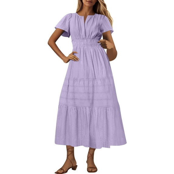 ZQUUVOU Womens Summer 2025 Casual Midi Maxi Dresses Solid Color Short Sleeve V Neck Elastic Waist Boho Beach Dress Pocket Purple
