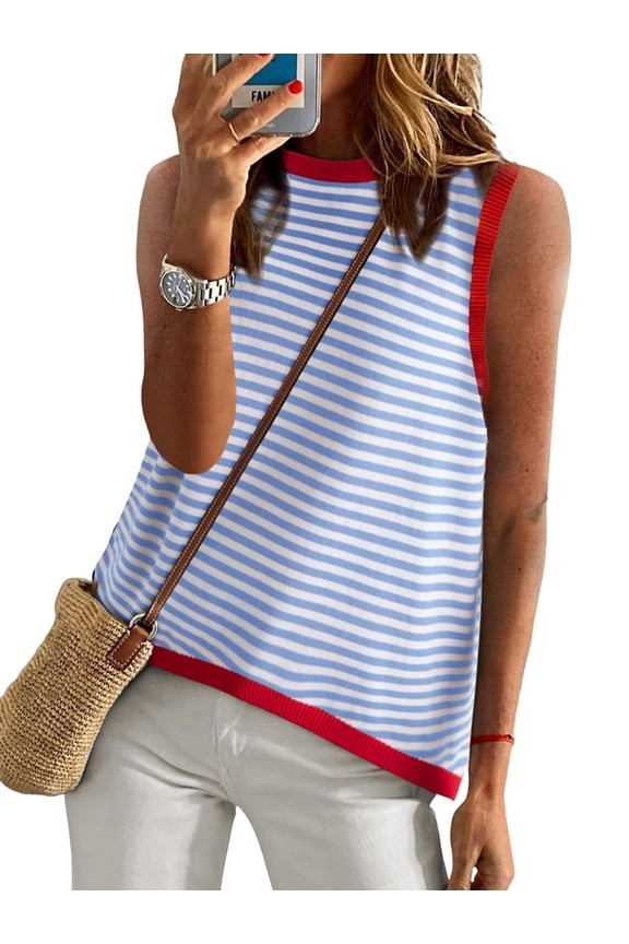 Womens Summer 2025 Casual Striped Color Block High Neck Tank Top Loose Knit High Low Sleeveless Shirts As Shown S