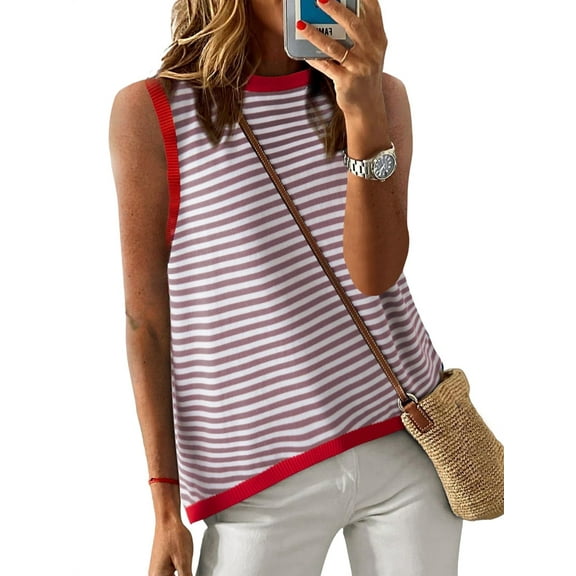 Womens Summer 2025 Casual Striped Color Block High Neck Tank Top Loose Knit High Low Sleeveless Shirts Pink L