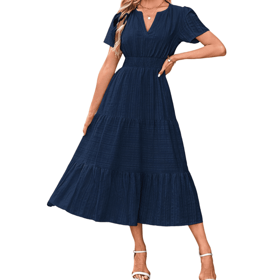 Womens Summer 2026 Casual Midi Maxi Dresses Lightweight Short Sleeve V Neck Elastic Waist Boho Beach Dress