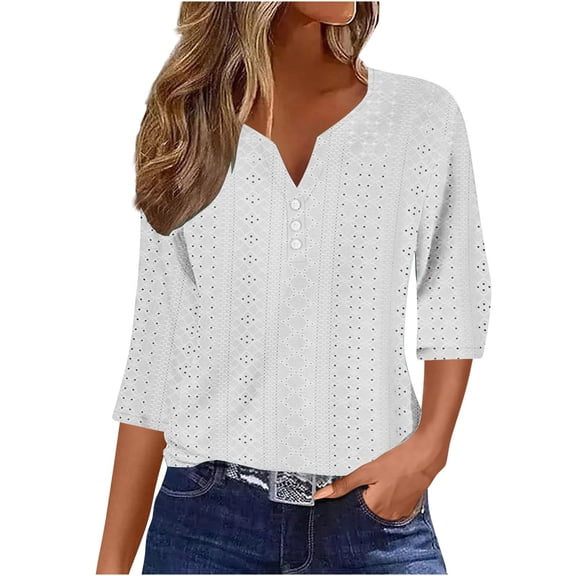 Womens Summer 2026 Hollow Out Blouses 3/4 Length Sleeve Business Tops Dressy Casual V Neck Cute T-Shirts with Button Down
