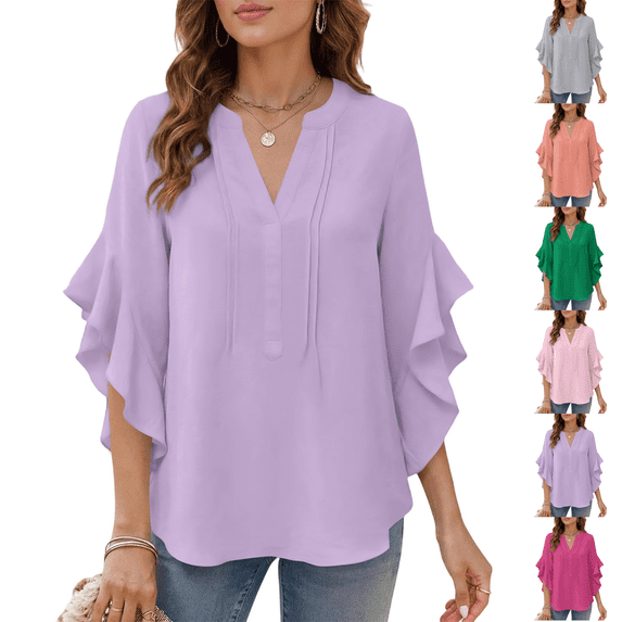 Womens Summer 3/4 Length Sleeve Bell Sleeve Flared Tunic Tops Plus Size V-Neck Blouses for Women Dressy Casual Purple 3XL