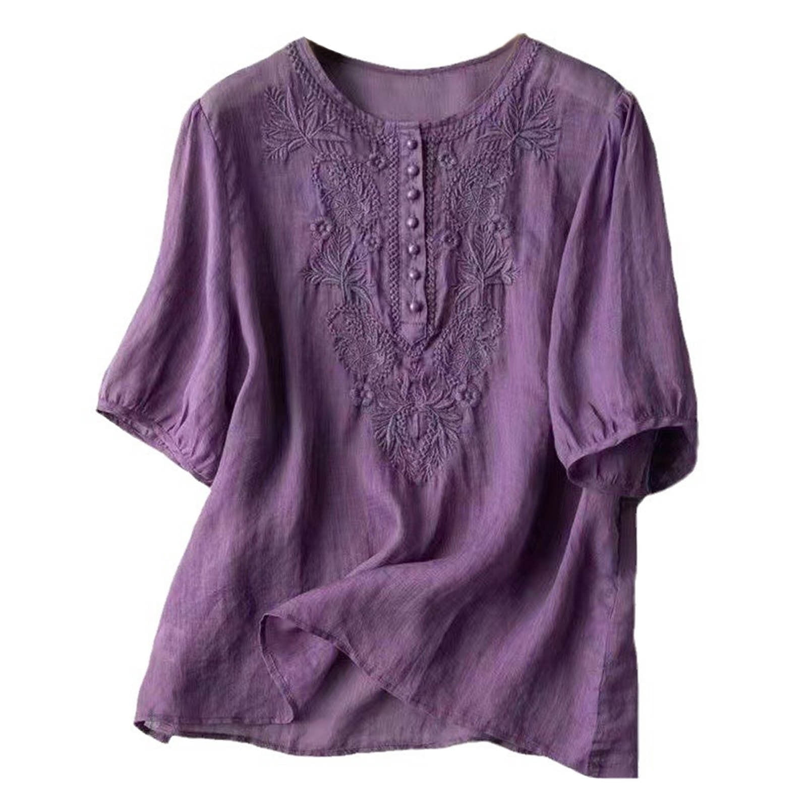 Womens Summer 3/4 Sleeve Cotton Linen Tops Vintage Floral Embroidered ...